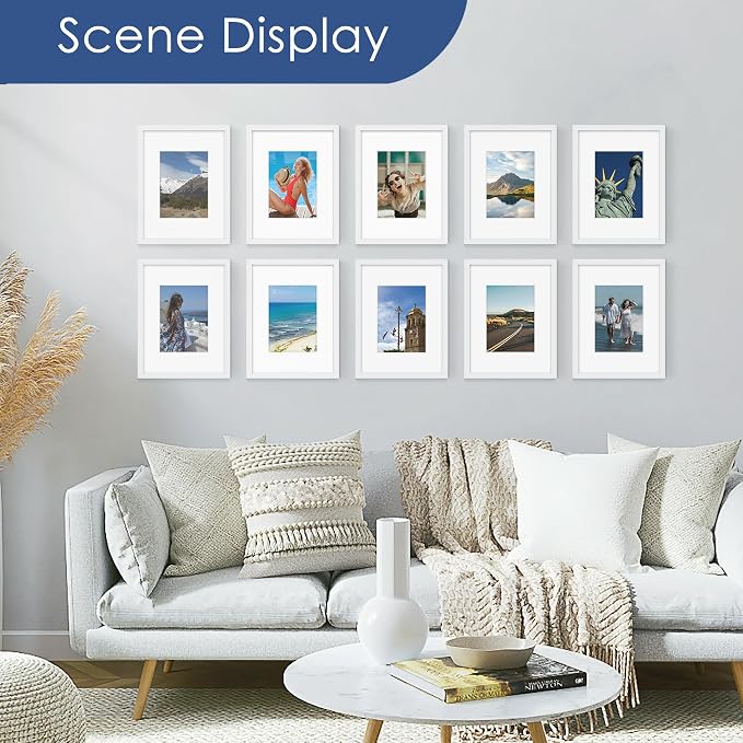 8x12 Picture Frame Set of 6, Wall or Tabletop Display, White | Display 6x8 with Mat or 8x12 Without Mat, Horizontal or Vertical, Gallery Wall Frame Set for Wedding & Room & Home Decor