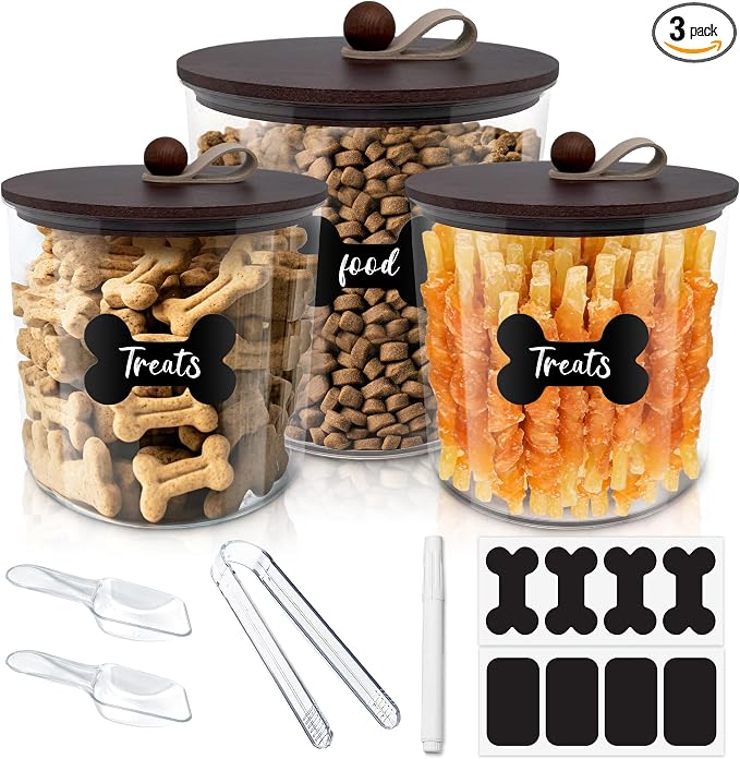 HOYTAMDAR 3 Pack Airtight Dog Treat Containers Bamboo Lids, Dog Treat Jars
