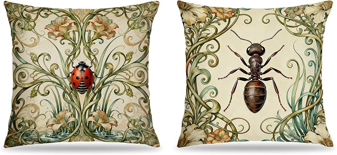 Art Nouveau Ladybug Ant Insect Pillow Covers 18x18 Set of 2, Nature Room Home Decor, Cottagecore Beige Vintage Floral Bug Insects Decorative Pillow Covers for Home Living Room Bedroom