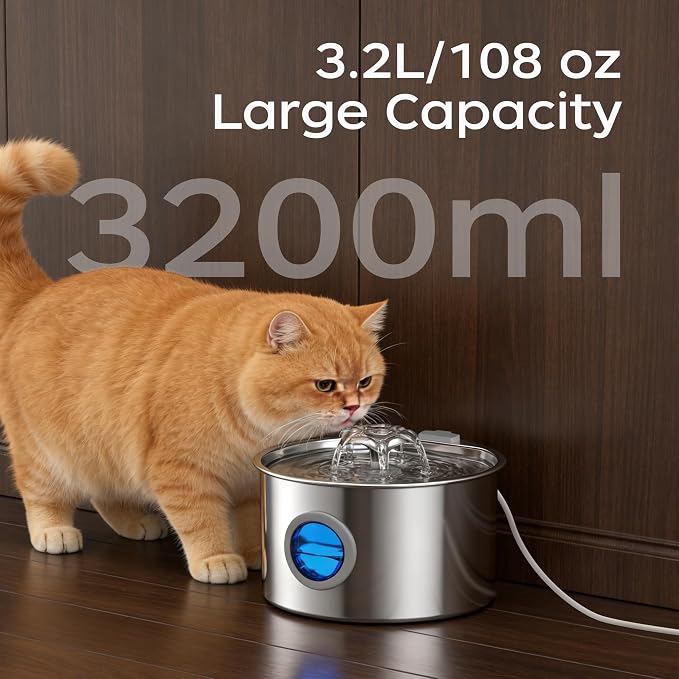 Cat Water Fountain Advanced 304 Stainless Steel 3.2L/108oz with Detachable Tank, Easy to Clean, Automatic Pet Fountain Quiet Cats Water Dispenser, Dogs (108oz Cat Fountain)