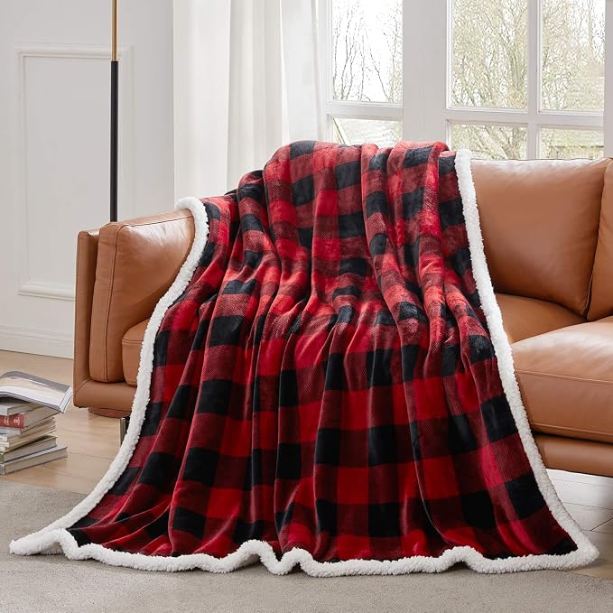Sherpa Red and Black Buffalo Plaid Christmas Twin Blanket 60" X 70", Fuzzy Fluffy Soft Cozy Throw Blanket, Fleece Flannel Plush Microfiber Blanket for Couch Bed Sofa