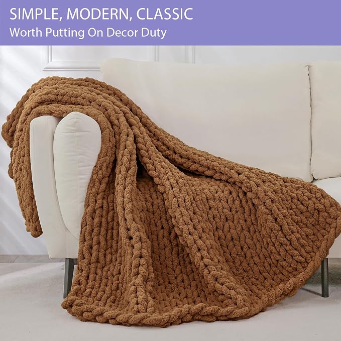Bigacogo Chunky Knit Throw Blanket for Couch, 51x63 inches, Caramel | Hand Knit with Jumbo Chenille, Soft Breathable Cable Knit for Sofa Bed Living Room, Machine Washable, Gift for Mom Friend