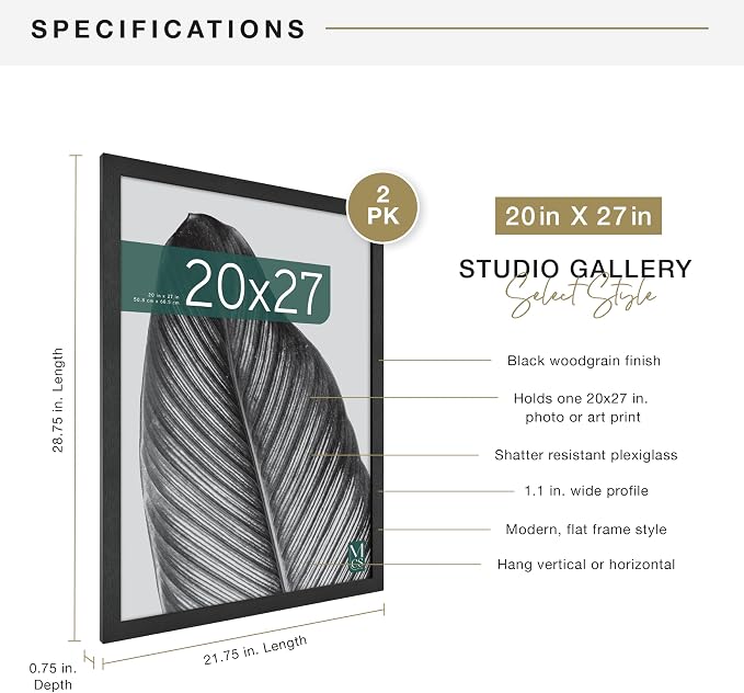 MCS Studio Gallery 20x27 Poster Frame Black Woodgrain Engineered Wood, Vertical & Horizontal Wall Hanging Large Picture Frame for Photos, Posters & Art Prints (2-Pack)