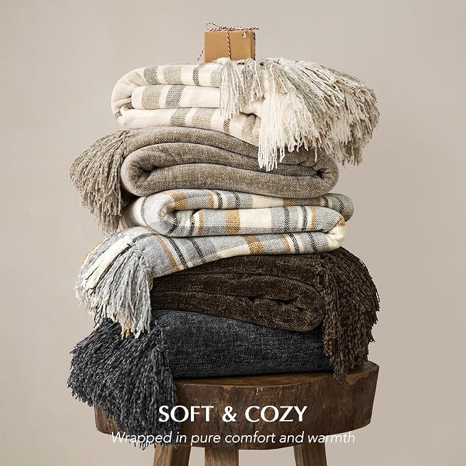 Plaid Chenille Knit Throw Blanket, 60"x80", Grey & Beige | Super Soft Knitted Throw with Tassels, Cozy, Decorative Farmhouse Plaid, Lightweight, Ideal for Couch Bed Gift Home Decor