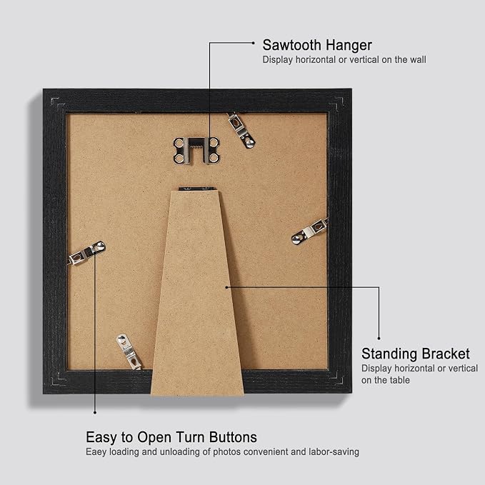 Hongkee 8x8 Picture Frames Set of 4, Made of Glass and Rustic Black Wooden Frame - Display Picture 6x6 with Mat or 8 x 8 Without Mat, 8 by 8 Photo for Wall or Tabletop