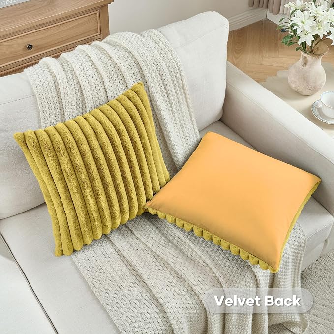 FUTEI Pack of 2 Faux Fur Throw Pillow Covers 26x26 Inch, Mustard Yellow | Fluffy Faux Rabbit Fur Front/Premium Velvet Back,Hidden Zipper,Machine Washable,Non-Shedding,Colorfast,Insert Not Included.