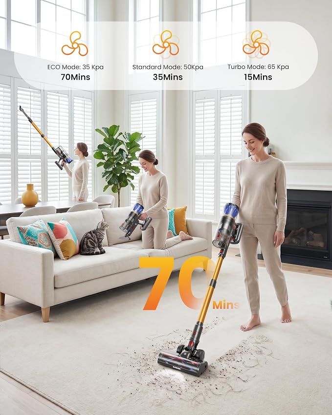 Cordless Vacuum Cleaner for Home, 65KPA 650W 70Mins Stick Vacuum Cordless with Three Suction Modes, Self-Standing&LED Screen, Anti-Tangle Brush, Vacuum Cleaners for Pet Hair/Hardwood Floors/Carpet