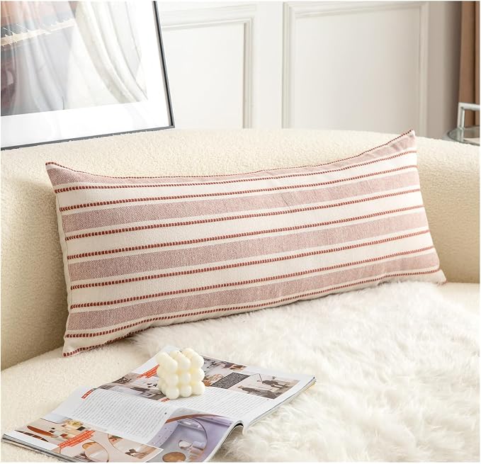 Cethom Decorative Boho Lumbar Pillow Covers, Modern Farmhouse Couch Pillowcase, 14 x 36 Long Accent Body Throw Pillow Covers, Sofa Bed Living Room Decor Cushion Case, Rust and Beige, Pack of 1
