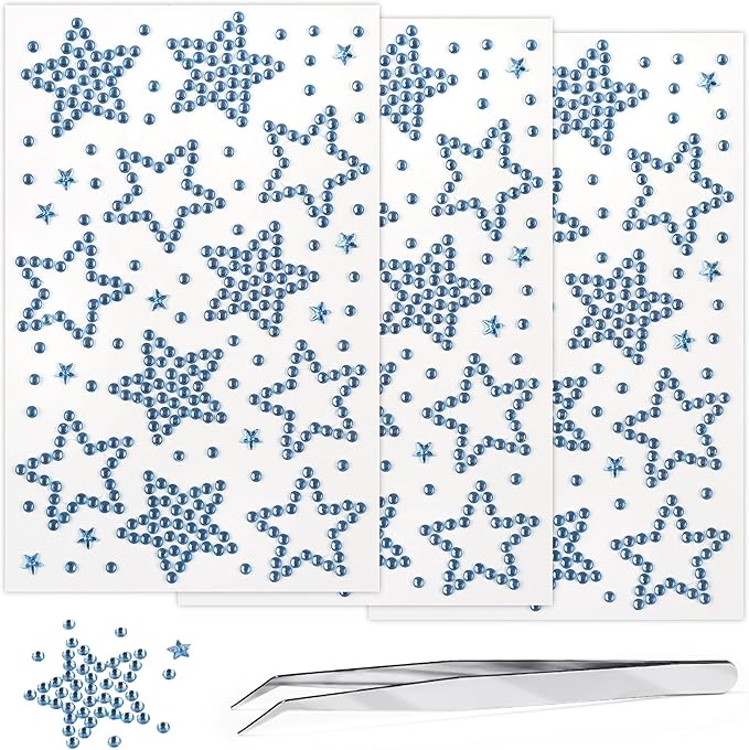 3Sheets Star Gem Stickers Jewels for Crafts, Face Makeup - Self Adhesive Rhinestone Jewel Stickers, Stick on Gems Rhinestones for Crafts, Craft Supplies for Kids (11.Light Blue satr)