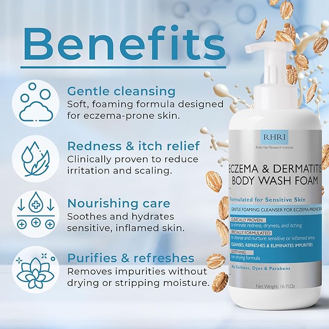 Eczema Body Wash Sensitive Skin | Eczema Treatment | Foaming Cleanser For Eczema Prone Skin | Soothes Dryness & Itching, Gentle On Eczema & Dermatitis, Sulfate-Free With Free Scrubber Brush