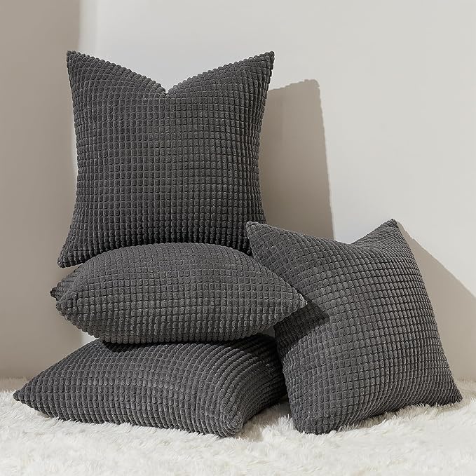 Topfinel 4 Packs Dark Grey Decorative Throw Pillow Covers 16x16 Inch for Living Room Couch Bed, Rustic Modern Farmhouse Home Decor, Soft Corduroy Bulge Cute Accent Square Cushion Case 40x40 cm