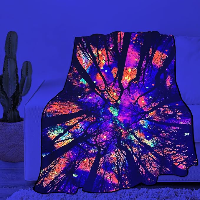 Blacklight Galaxy Forest Throw Blankets UV Reactive Night Sky Throw Blanket Glow in the Dark Under Black Lights Game Room Decor Soft Throw Gifts 59x51 Inches