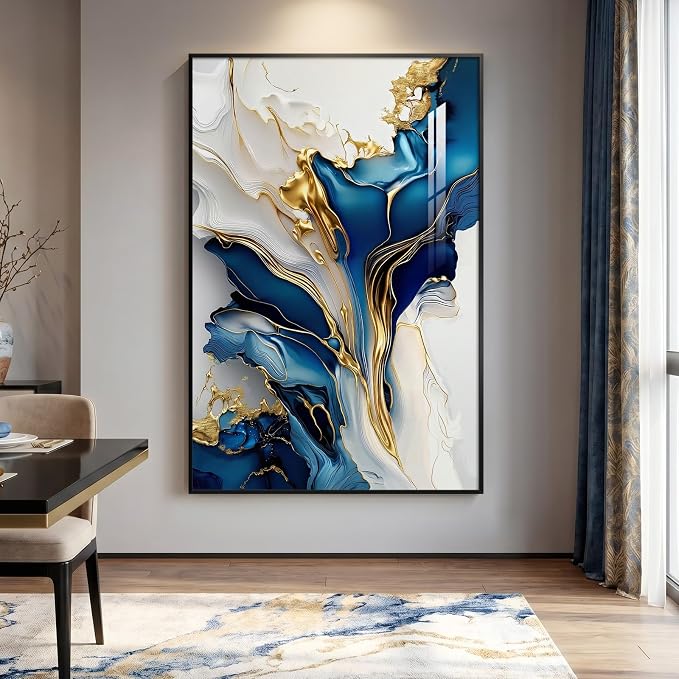 Extra Large Black Framed Gold and Blue Abstract Wall Art for Living Room, Vertical Modern Elegant Prints Painting Artwork for Walls, Contemporary Pictures Wall Decor for Bedroom and Office, 40x60 In