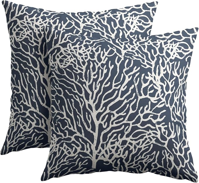Nautical Coastal Coral Pillow Covers 16x16 Inch Set of 2 Summer Ocean Beach Navy Blue Decorative Pillow Cases Outdoor Linen Cushion Cover Farmhouse Decor for Bedroom Home Sofa Couch Bed