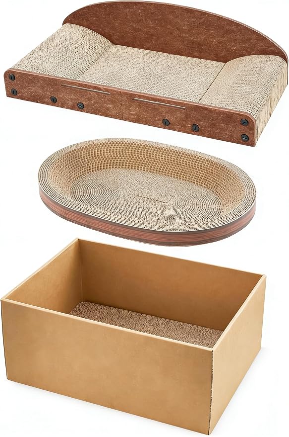 Avont 3-Piece Cardboard Cat Scratcher Set for Indoor Cats | Corrugated Cat Scratchers with Scratch Pad, Scratch Box and Lounge Bed