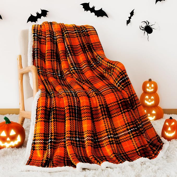 Sherpa Halloween Plaid Throw Blanket(60" X 70", Plaid Orange), Fuzzy Fluffy Cozy Soft Blanket, Fleece Flannel Plush Twin Size Microfiber Blanket for Couch Bed Sofa