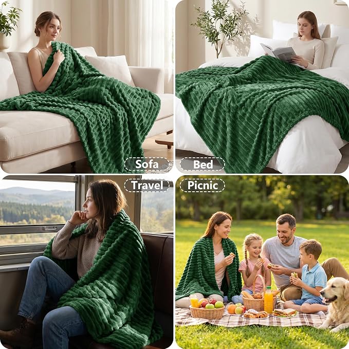 Dark Green Blankets Queen Size for Bed, 90 x 90 Inch | 300GSM Ribbed Fleece Blanket, Soft, Cozy & Lightweight, OEKO-TEX Certified, All-Season for Bedrooms, Guest Rooms & Gifting