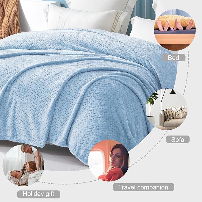 Exclusivo Mezcla Soft Fleece Bed Blanket Twin Size, 60”x80”, Light Blue | Cozy Fluffy Lightweight Blankets for Summer, Decorative Plush Flannel Throws for Living room, Bedroom with Leaves Pattern
