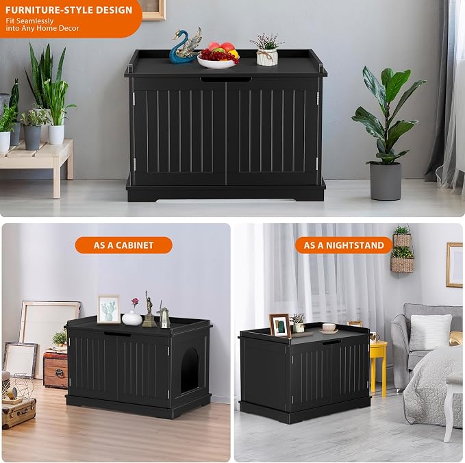 Cat Litter Box Enclosure Furniture Hidden Wooden Washroom Litter Box Cabinet, Indoor Cat House with Removable Divider, as Table Nightstand Storage Bench (Black)