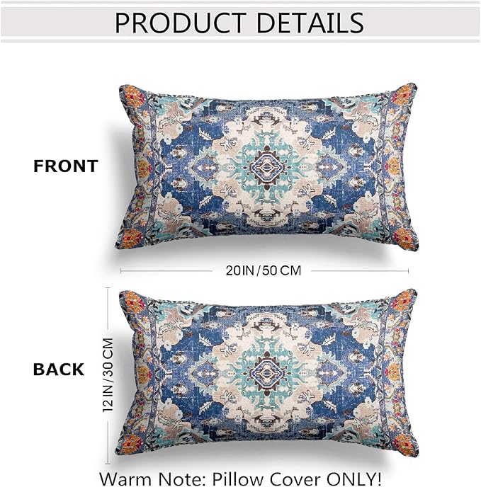 Snycler Boho Throw Pillow Covers 12x20 inch Set of 2 Boho Rug Carpet Double Sided Pattern Cotton Soft Pillow Case Cushion Cover Pillowcase for Couch Sofa Bed Decorative (Blue)
