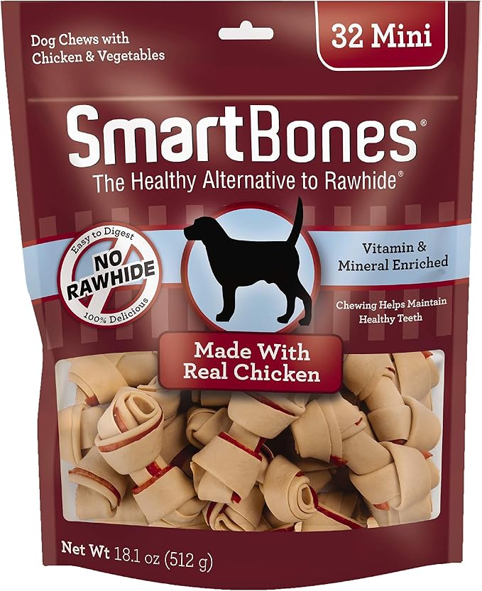 SmartBones Mini Bones Rawhide-Free Dog Treat, with Real Chicken, 32 Count | With With Real Chicken & Veggies, Easy To Digest Chew, Vitamin & Mineral Enriched, Supports Dental Health, For Small Dogs