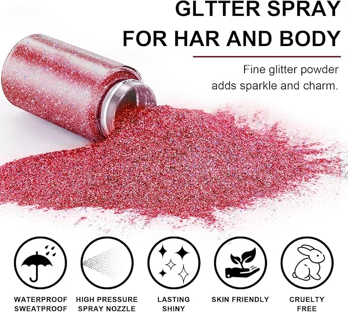 Hair and Body Glitter Spray, 1PC Sparkling Red Hair Glitter Extra Fine Face Shimmer Powder for Clothes, Festival Loose Sparkle Powder for Rave Clothes Nail Art Easter Halloween Crafts (Red)