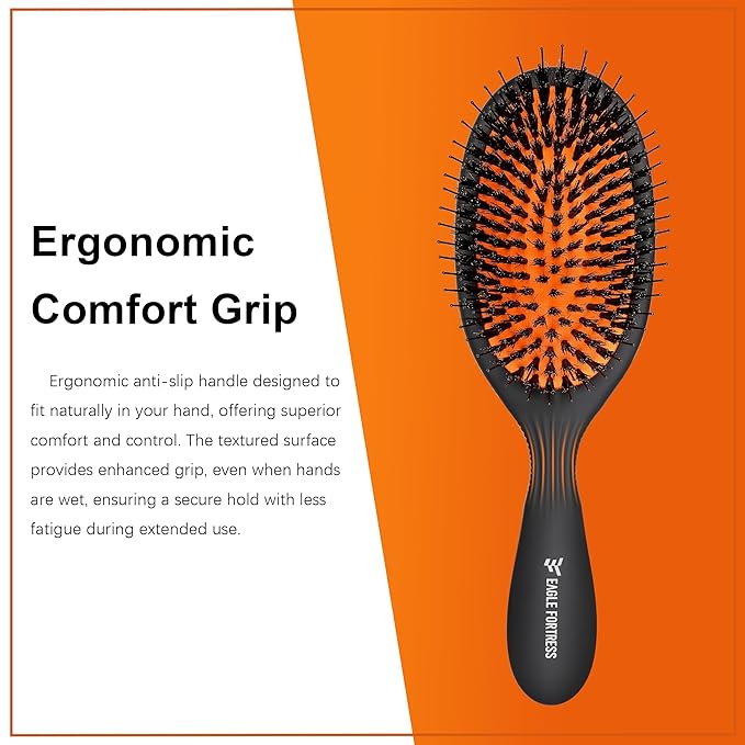 Eagle Fortress Boar Bristle Hair Brush for Women, Detangler Brush for Wet, Dry & Damaged Hair with Long Pins for Thick & Long Hair - Boar Black