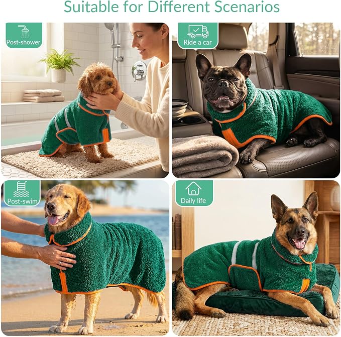 Bienbee Dog Bathrobe, Super Absorbent for Small to Large Dogs, Green 2XL | Dog Robes with Soft Fleece, Warm & Cozy, Adjustable Fit, and Quick Drying Coat for Baths Swimming and Grooming