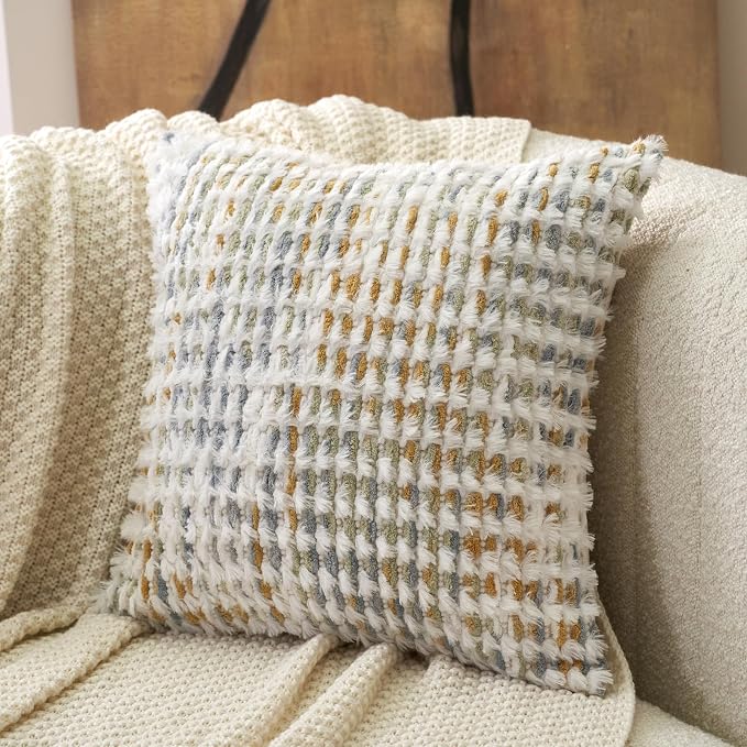 Aeckself Boho Chenille Tufted Pillow Cover 18 x 18 Inch, Decorative Square Throw Pillow Cover Neutral Pillowcase for Couch Bedroom Living Room, Yellow White