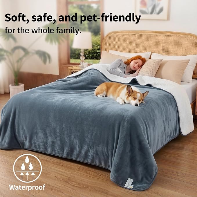 Sunheir Waterproof Blanket for Bed, Reversible Soft Flannel Twin Bed Blanket 60" x 80", Leakproof Throw Spill-Proof Dog Pet Blanket for Couch Cover, Furniture, Camping, Travel, Grey