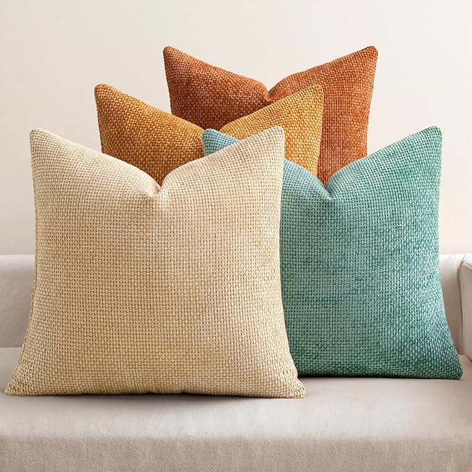 MIULEE Soft Decorative Chenille Fall Pillow Covers Beige Orange Teal 20x20 | Pack of 4，Rustic Home Decor, Retro Vintage Set, Couch Throw Pillows, Farmhouse Boho Cushion Covers for Sofa Bed Living Room
