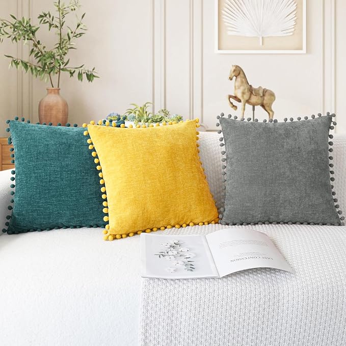 CaliTime Decorative Couch Throw Pillow Covers 20 X 20 Inches Teal | Pack of 2, Cozy Chenille Cushion Cases, with Pom Poms for Sofa Bed Living Room Farmhouse Home