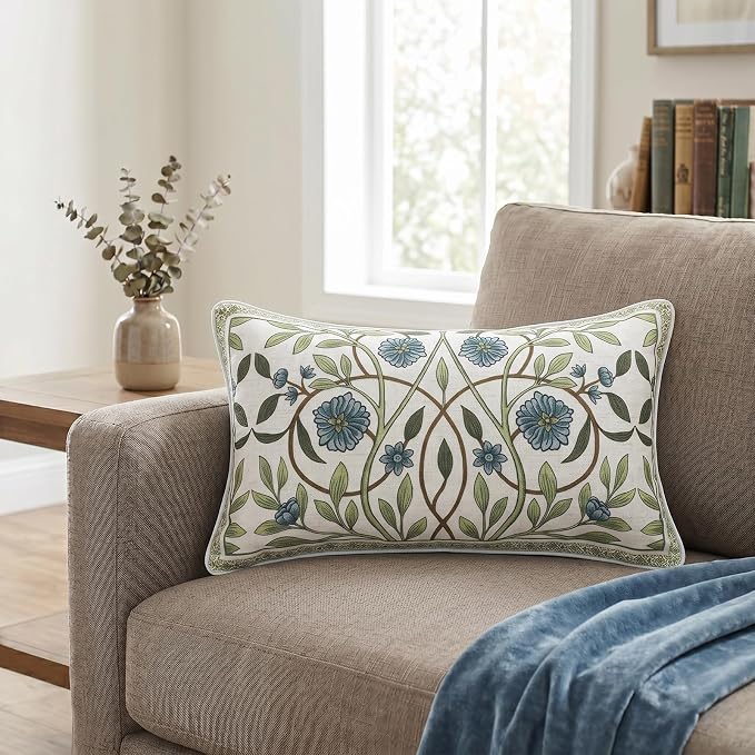 Designer Linen Throw Pillow Cover,Set of 2,20"x12"-Mosella A | French Elegant Rectangle Decor Pillow Cover,Concealed Zipper Design,Floral Pattern,Sofa,Bedroom,Living Room,Lounge Chairs