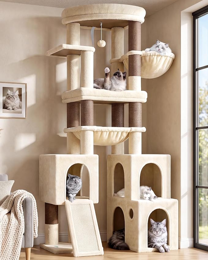Globlazer Tall Cat Tower for Indoor Adult Cats, 72-inch, S72G, Beige | Heavy Duty Cat Tree House for Big Cats with 2 Extra-Large Padded Platform, 7 Sisal Scratching Posts, 3 Large Condos