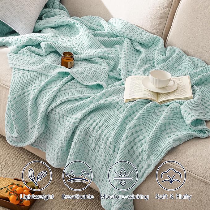 PHF 100% Cotton Waffle Weave Blanket Queen Size, Lightweight Breathable Summer Blanket for Hot Sleepers, Pre-Washed Soft Layer for Bed, Couch, Aesthetic Home Decor & Gift, 90"x90", Mint