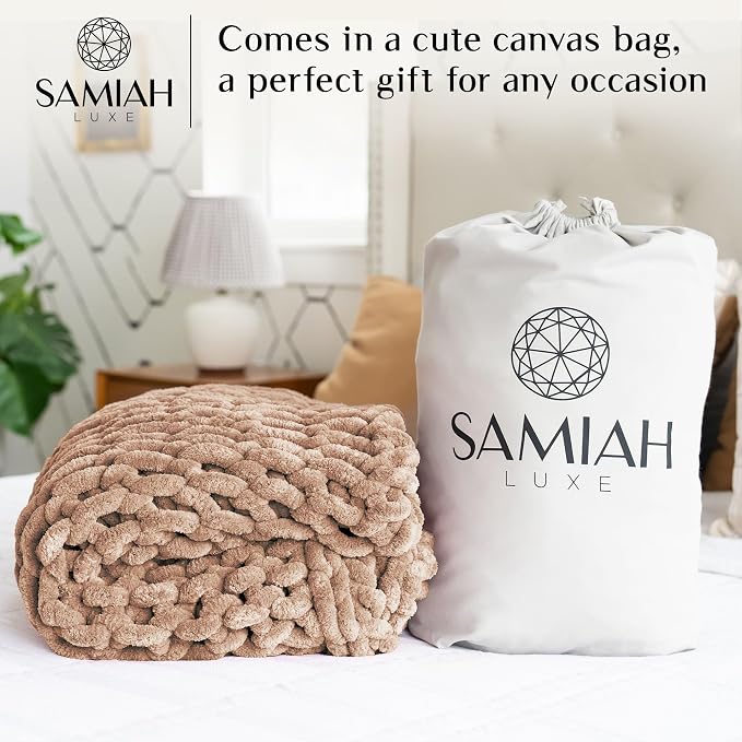 SAMIAH LUXE Chunky Knit Throw Blanket 50x60, Sandstone Brown Chenille Throw Blanket for Couch Bed Sofa, Soft Fluffy Cable Knit Blanket, Oeko-TEX Certified, Machine Washable