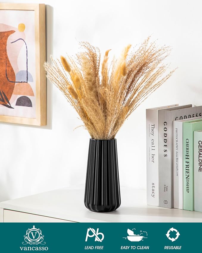 vancasso Ceramic Vase, 7.8 Inch Modern Ribbed Glossy Decorative Vase, Flower vase for Home Decor, Living Room, Bedroom, Office Decor, Black
