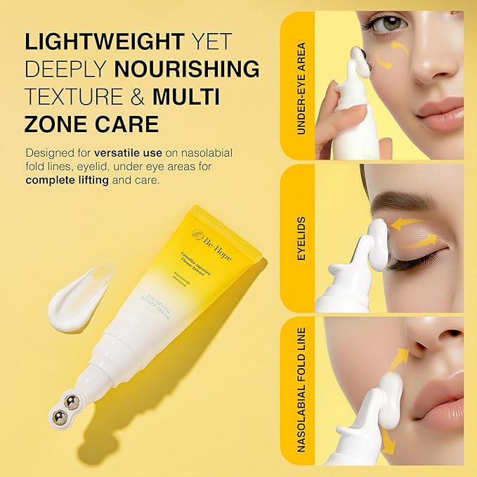 Be-Hope LUXURY Vegan Eye Lifting Roller Cream – Under Eye Brightening & Anti-Puffiness with Camellia Extract, Niacinamide & Adenosine – 30ml / 1.0 fl oz