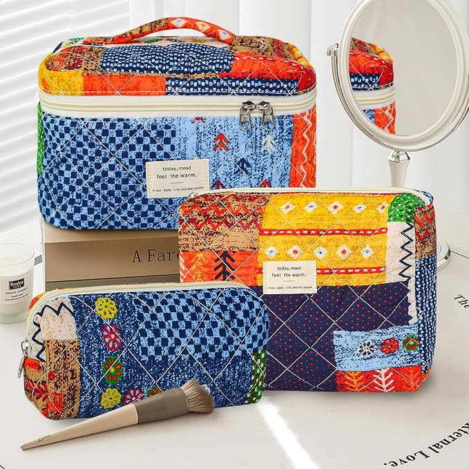 GISMTR 3Pcs Makeup Bag Cotton Quilted Travel Cosmetic Bag Cute Floral Makeup Pouch Large Toiletry Bag for Women Girls