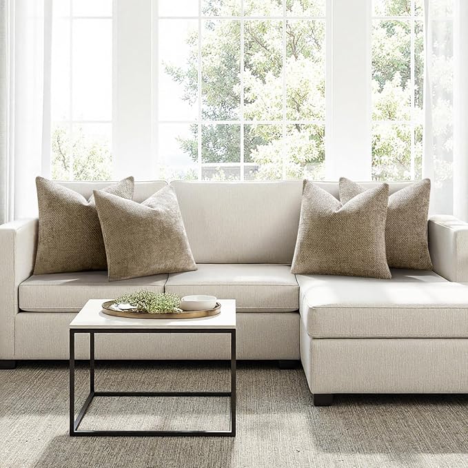 MIULEE Soft Decorative Chenille Euro Pillow Covers Khaki 22x22 Pack of 4 | Modern Home Decor, All Same Khaki Color Set, Couch Throw Pillows, Farmhouse Boho Cushion Covers for Sofa Bed Living Room