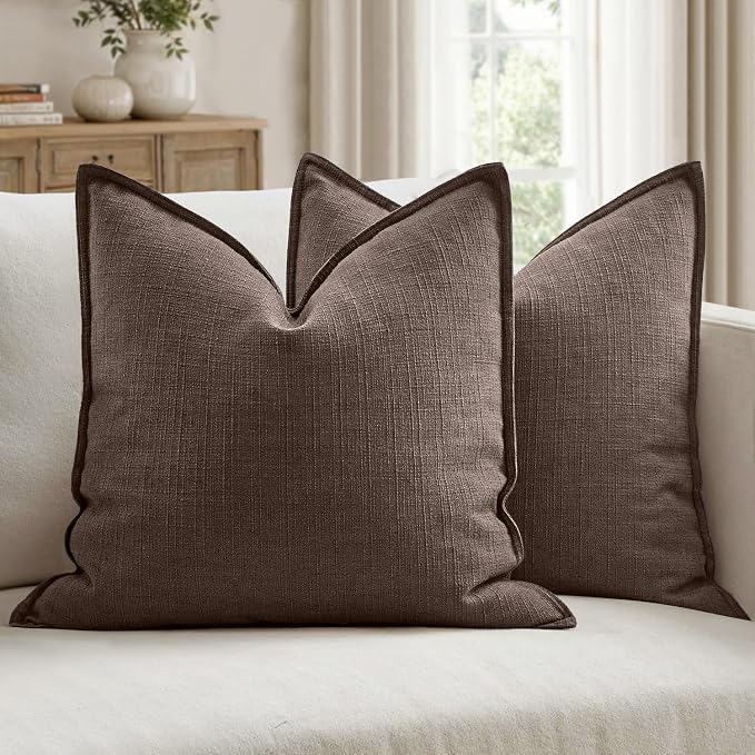 MIULEE Thick Textured Decorative Throw Pillow Covers 20x20 Inch Dark Brown | Set of 2, Linen Blend Pillow Cover, Flange Edge Design, Farmhouse Modern Boho Style, Bed Couch Living Room Decor