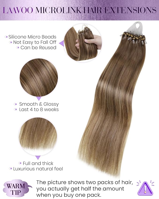 LaaVoo Micro Link Hair Extensions Human Hair Balayage Light Brown Ombre Golden Brown Mix Brown Micro Ring Hair Extensions 14 inch 50g/50s