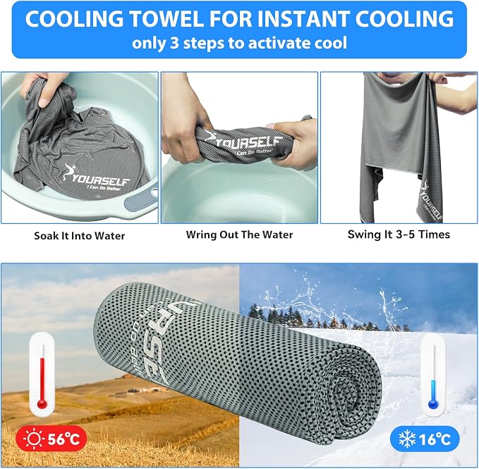 SYOURSELF Cooling Towels for Neck and Face, 4 Pack 40" x 12" Cooling Towel for Hot Weather, Soft Breathable Instant Cool Chilly Pad for Sports Golf Yoga Gym Athletes Camping Ice Towels(Grey)