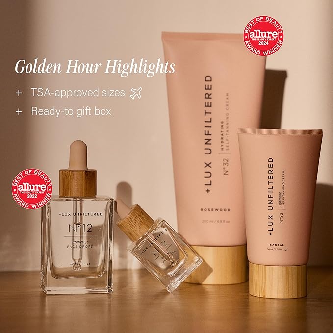 + Lux Unfiltered Mini Golden Hour Set - Includes N°32 Gradual Self Tanner in Santal 1.7 fl oz & N°12 Face Tanning Drops 0.27 fl oz - Travel Size Self Tanner - Vegan & Cruelty Free