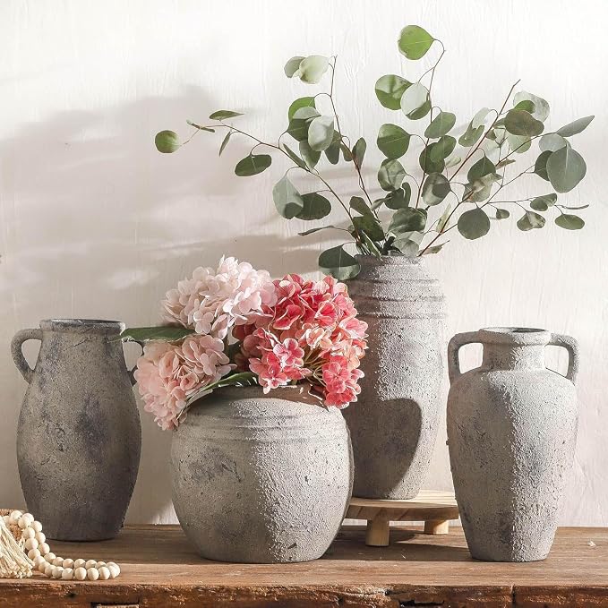 Ceramic Flower Vase, 11.41 Inch Tall Rustic Vase with 2 Handles | Terracotta Farmhouse Vase Adds Rustic Charm to Living Room, Dining Table, Kitchen, and Office Decor, Perfect for Home Styling
