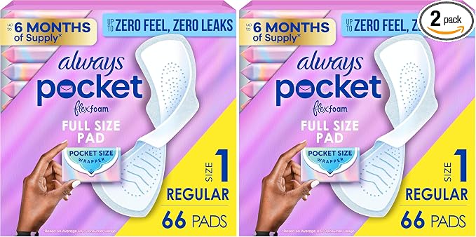 Always Pocket Feminine Pads with FlexFoam,Size 1,Regular,with Wings,Unscented,66 Count (Pack of 2)