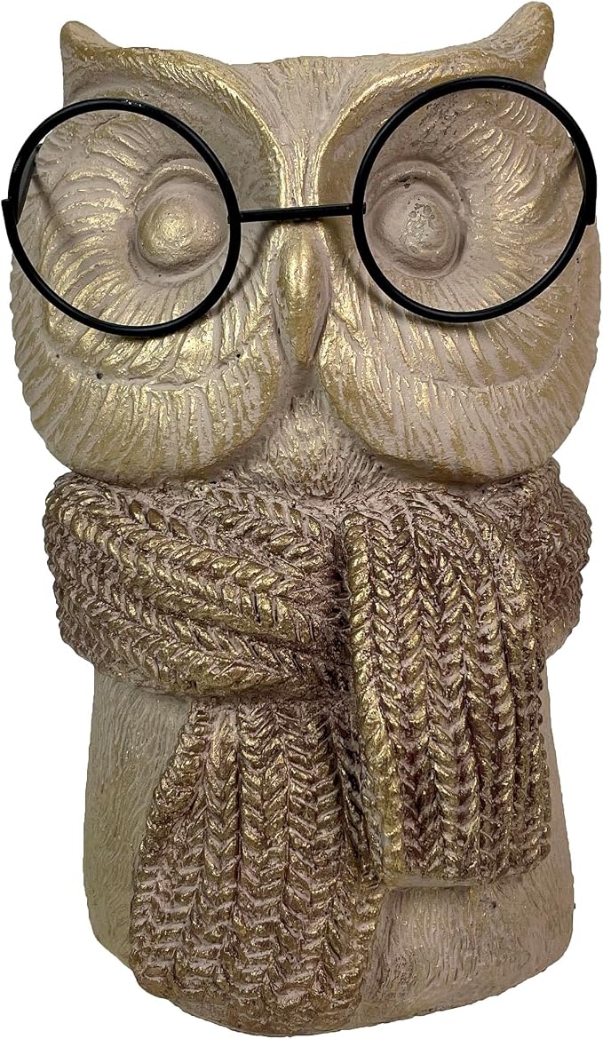 Owl Cement Vase, 8.25 Inch Bespectacled Woodland Planter | Horned Tufts, Distressed Taupe Finish, Real Black Wire Glasses, Gold-Brushed Knit Scarf, 2.75 Inch Opening