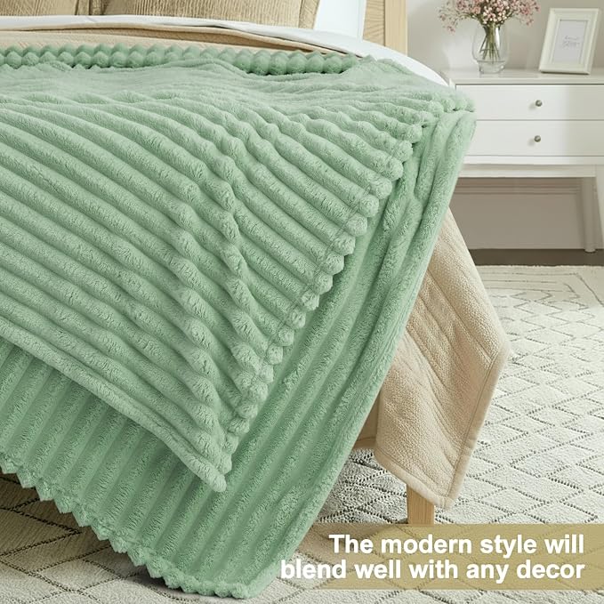 decorUhome Sage Green Fleece King Blanket 108x90 Inches | Soft Fleece Bed Cozy Fluffy Plush Flannel Large Striped Throws for Couch Sofa, Decorative Fuzzy Blanket for Woman