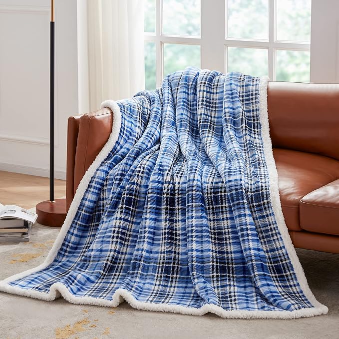 Sherpa Plaid Throw Blanket(60" X 70", Plaid Blue), Fuzzy Fluffy Cozy Soft Blanket, Fleece Flannel Plush Twin Size Microfiber Blanket for Couch Bed Sofa