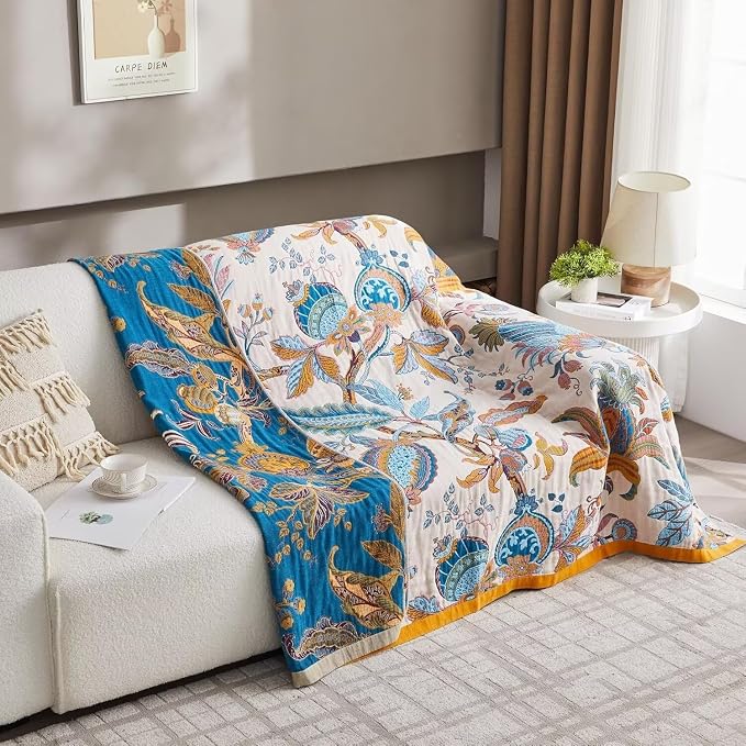 Boho Throw Blanket for Bed 100% Cotton Bohemian Blankets Ultra Soft Woven Muslin Decorative Blankets All Seasons Vintage Quilt Knitted Blanket for Sofa Chair(Beige, 90"x98")